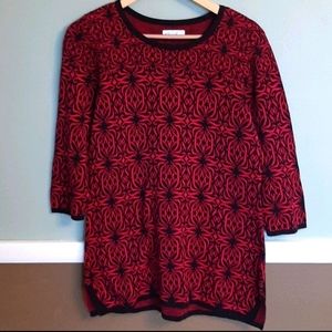 EUC KIM ROGERS Cotton Art Deco Print 3/4-Sleeve Crewneck Pullover Sweater